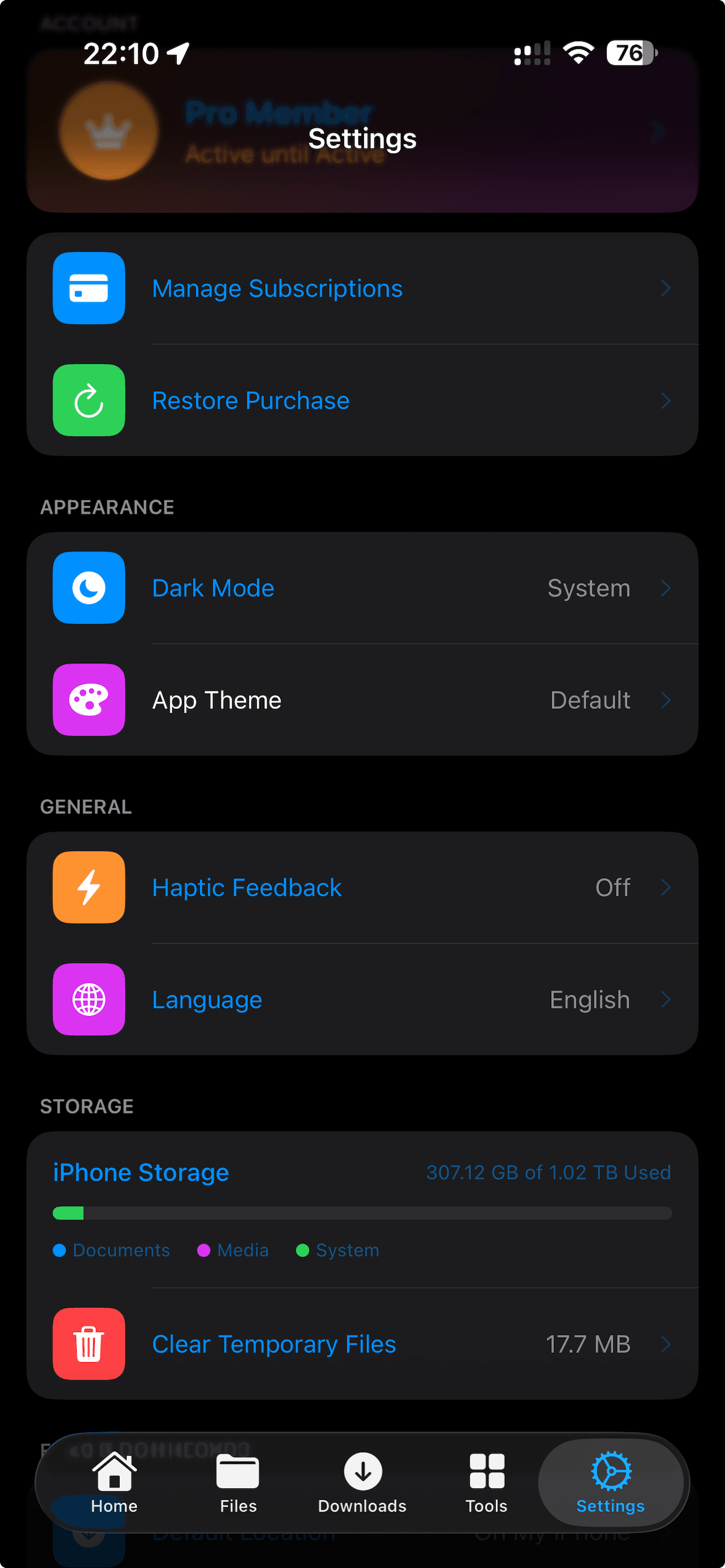 Settings Dark screenshot